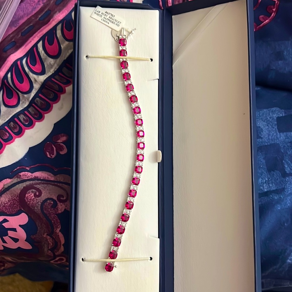 Authentic 6.0mm cut Lab Ruby Bracelet with White sapphire in sterling silver